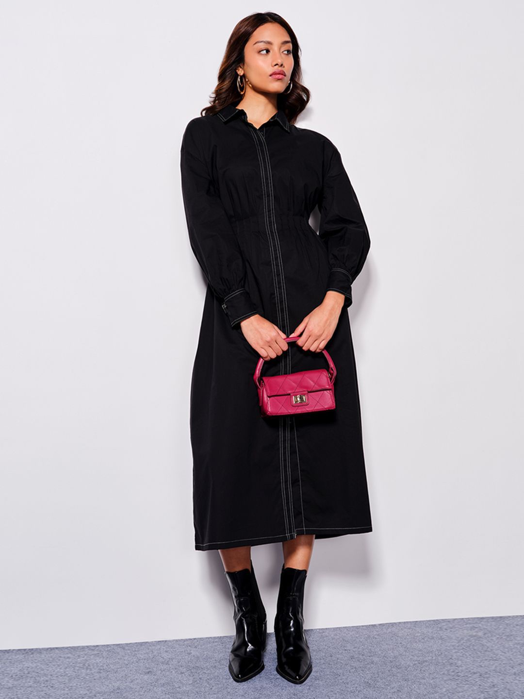 AND Pure Cotton Cuffed Sleeves Shirt Midi Dress