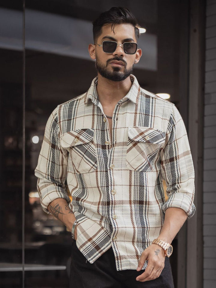 Powerlook Men Spread Collar Tartan Checked Cotton Casual Shirt