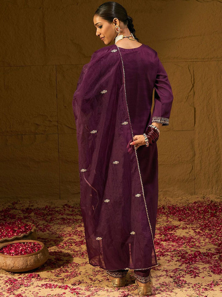 Indo Era Burgundy Floral Embroidered Straight Kurta with Trousers & Dupatta