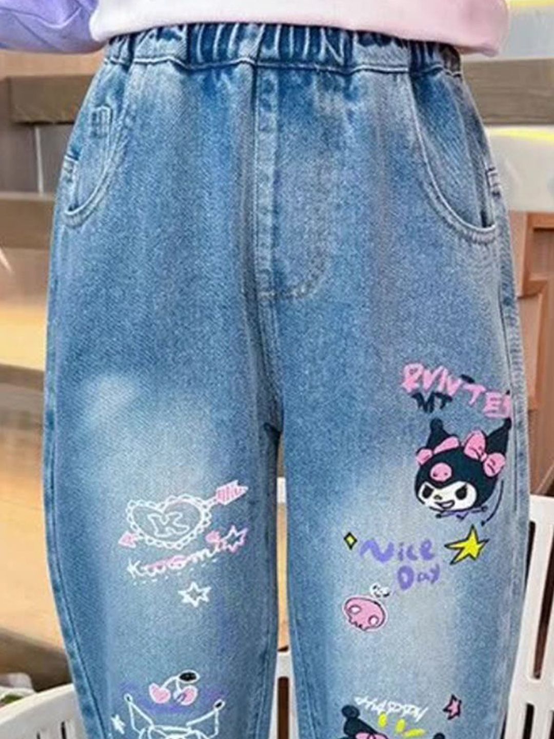 YK Girls Comfort Relaxed Fit High-Rise Light Fade Embellished Stretchable Jeans