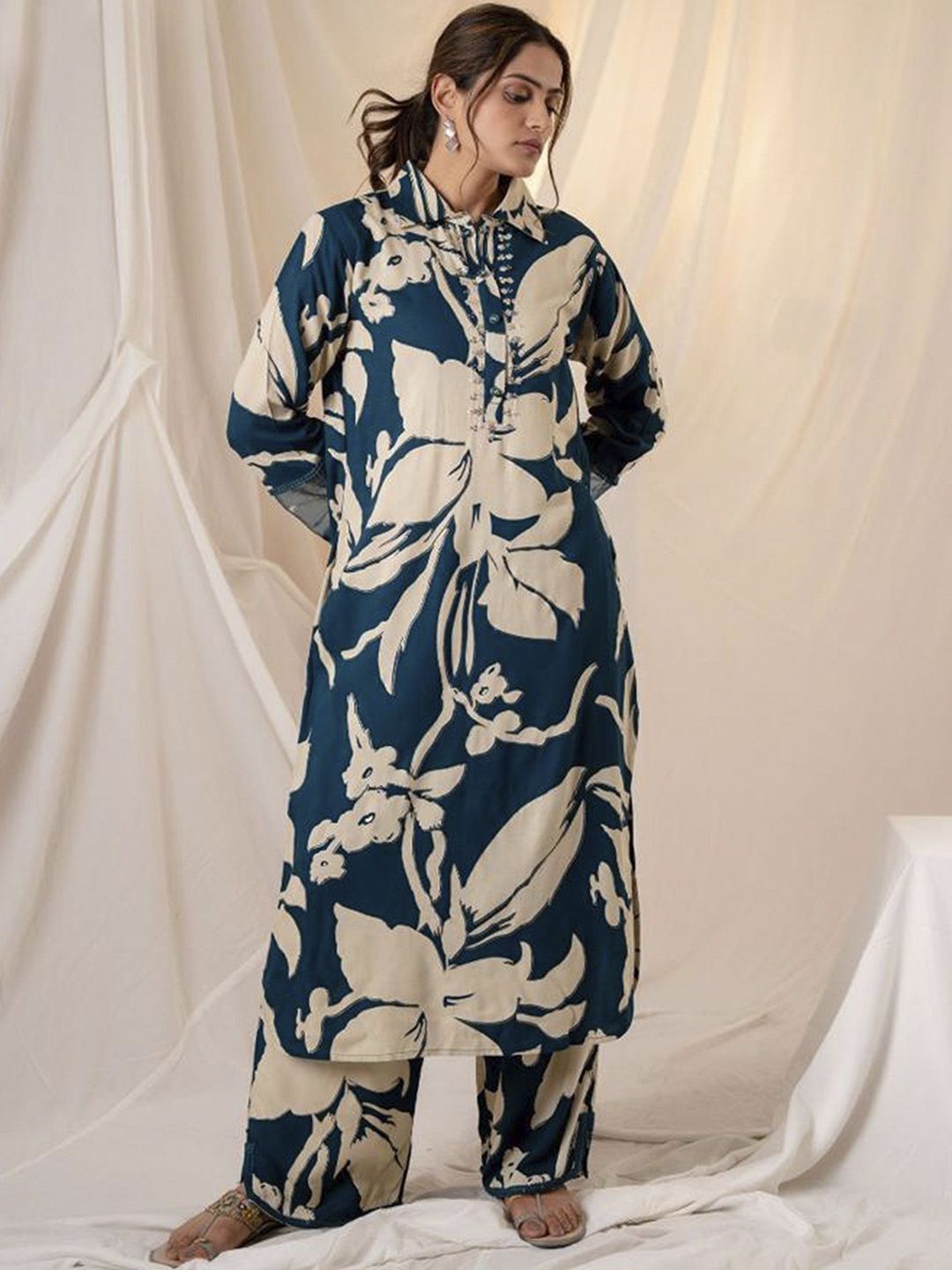 Indo Era Floral Printed Straight Kurta with Palazzos