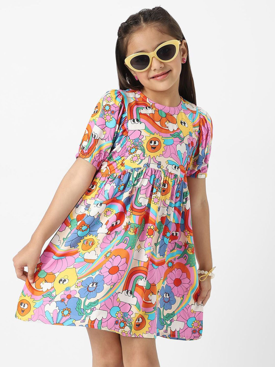 Nauti Nati Girls' Colourful AOP Fit and Flare Dress