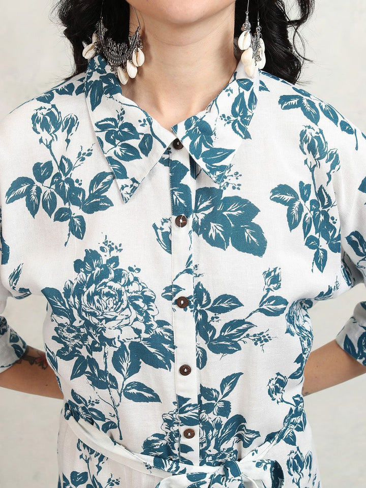 Vishudh Women Floral Print Shirt Collar Flared Sleeve Knee Length Shirt Dress