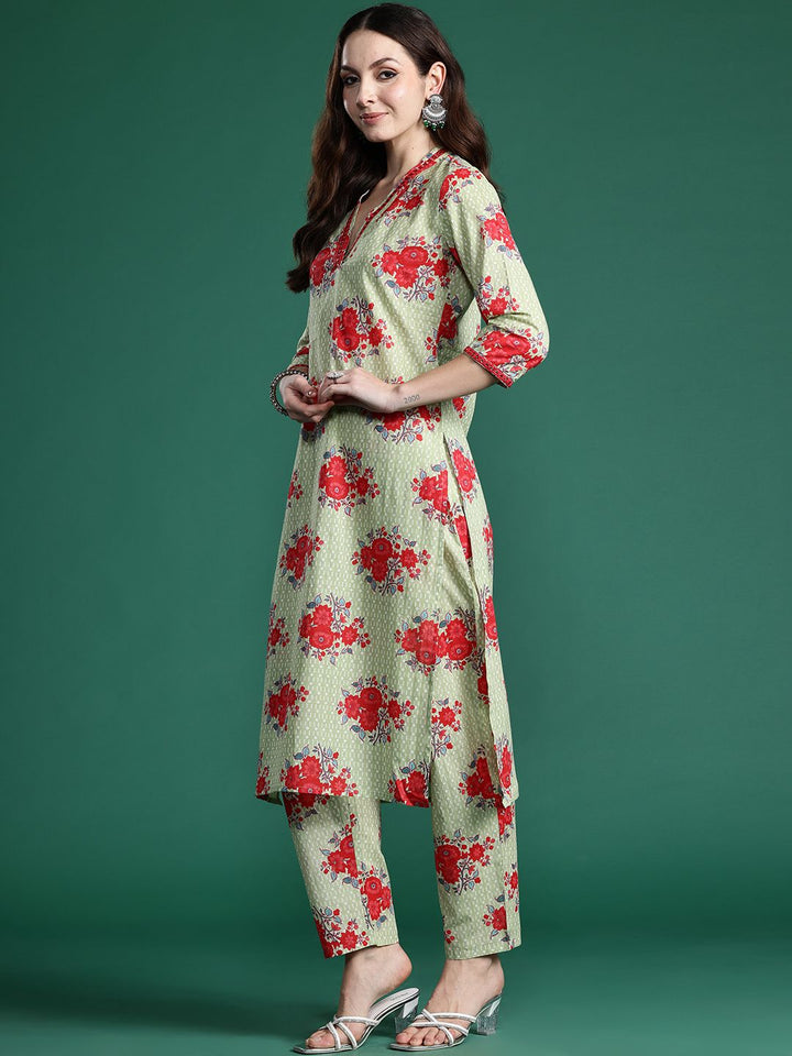 Indo Era Floral Printed Mirror Work Pure Cotton Kurta with Trousers