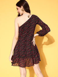 Berrylush Floral Print One Shoulder Bishop Sleeve Ruffled Georgette A-Line Dress