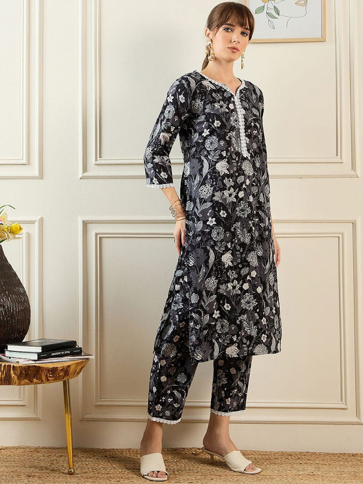 Indo Era Floral Printed Notched Neck Pure Cotton Straight Tunic With Trouser