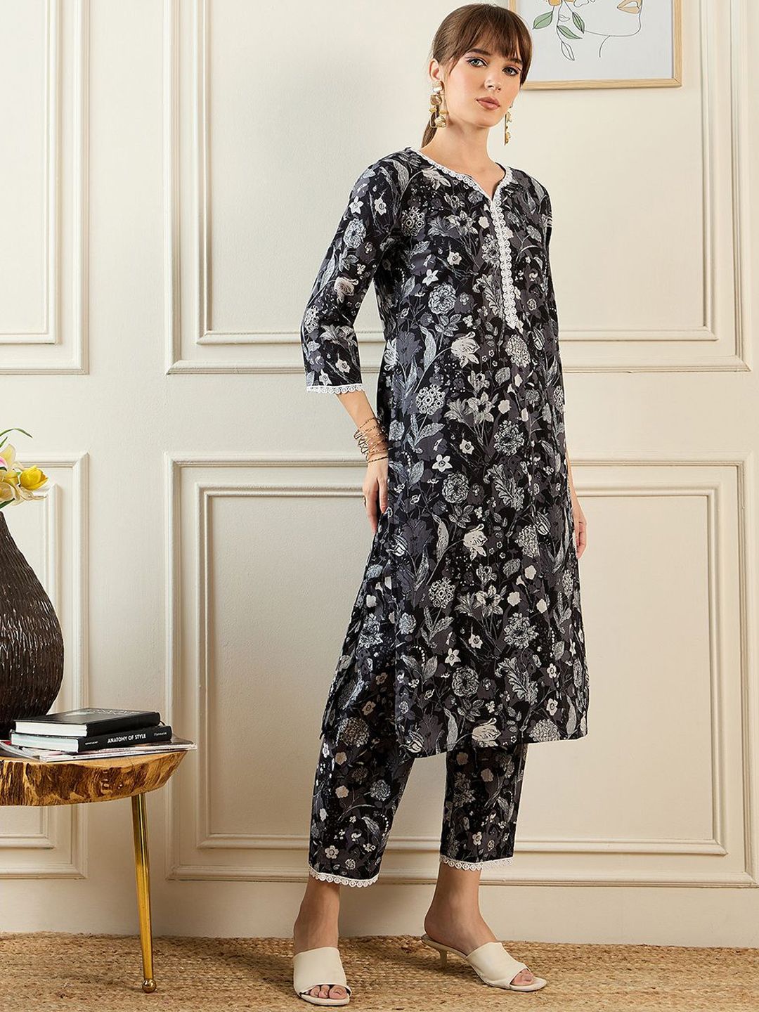 Indo Era Floral Printed Notched Neck Pure Cotton Straight Tunic With Trouser