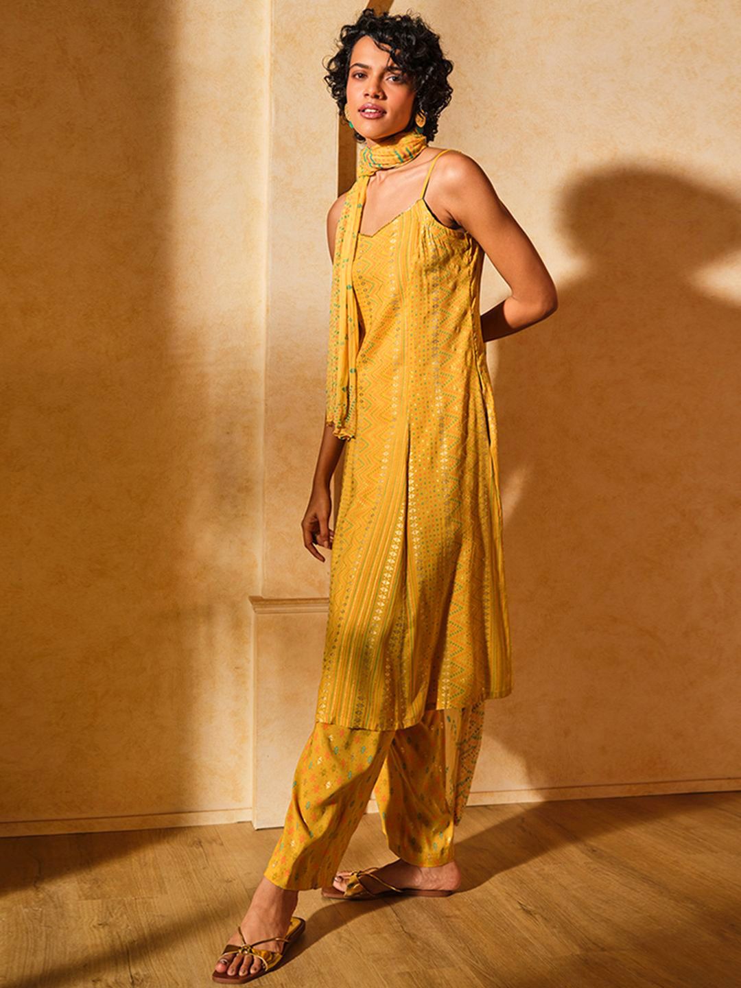 Global Desi Geometric Printed Shoulder Straps A-Line Kurta with Trousers & With Dupatta