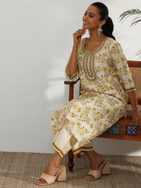 Libas Floral Printed Regular Chanderi Silk Kurta with Trousers
