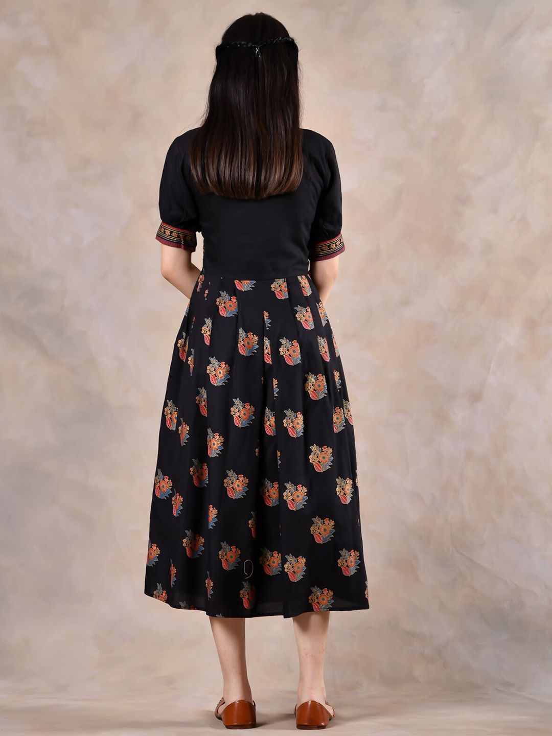 Rustorange Floral A-Line Midi Rayon Dress
