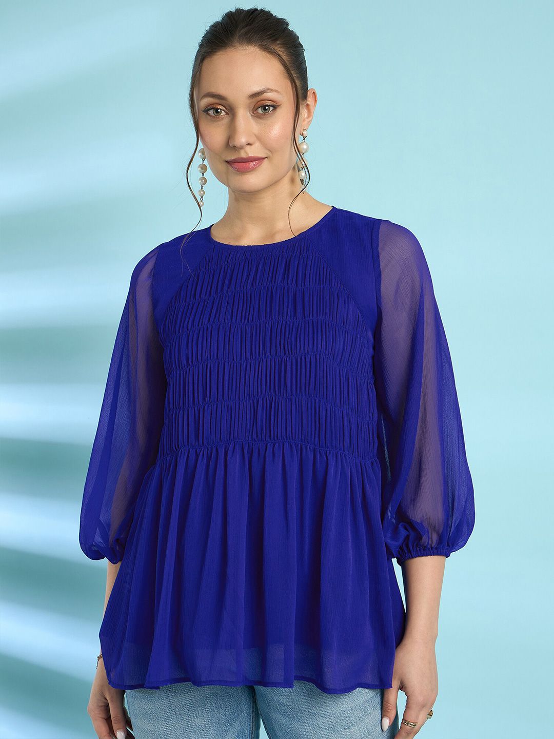 Antheaa Blue Puff Sleeves Smocked Detailed A-Line Top
