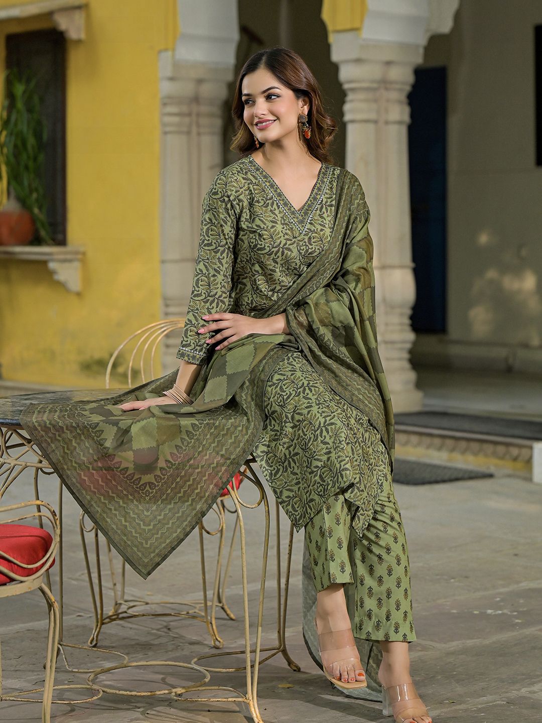KALINI Floral Printed V-Neck Gotta Patti Straight Kurta With Trousers & Dupatta