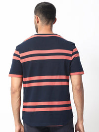 RARE RABBIT Men Cachos Striped Pure Cotton Slim Fit T-Shirt
