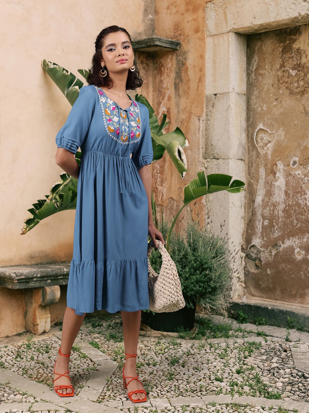 DressBerry Women Stunning Blue Floral Tiered Dress