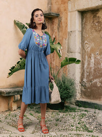 DressBerry Women Stunning Blue Floral Tiered Dress