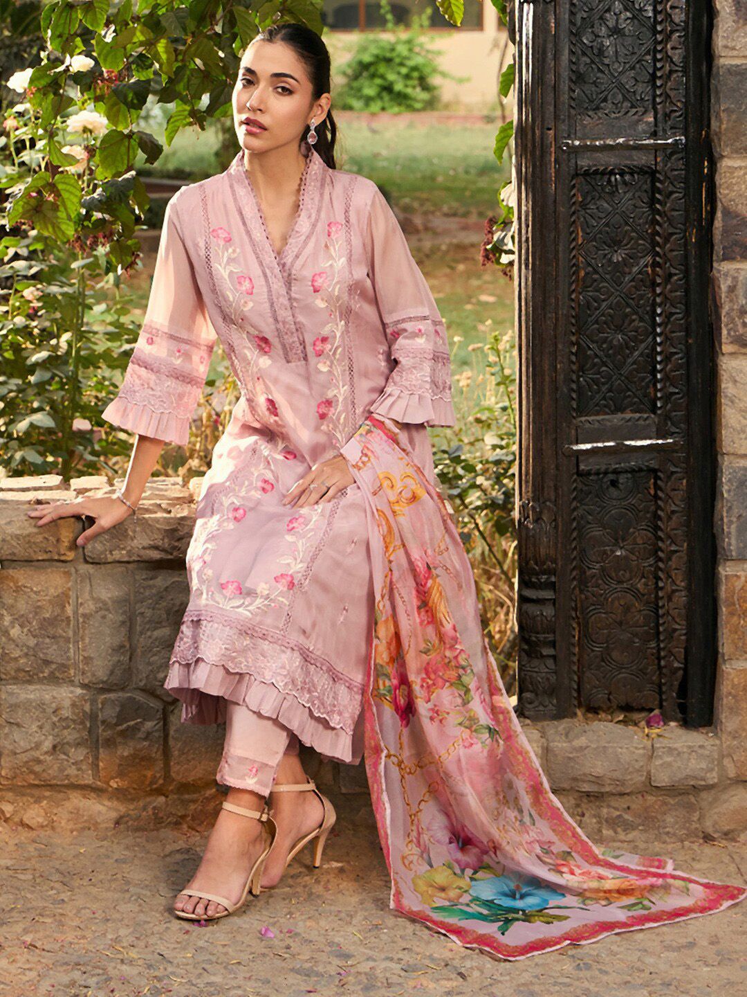 Indo Era V Neck Floral Embroidered Panelled A Line Kurta with Trouser & Dupatta