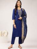 Anouk Blue Floral Embroidered Straight Kurta with Trousers & Dupatta