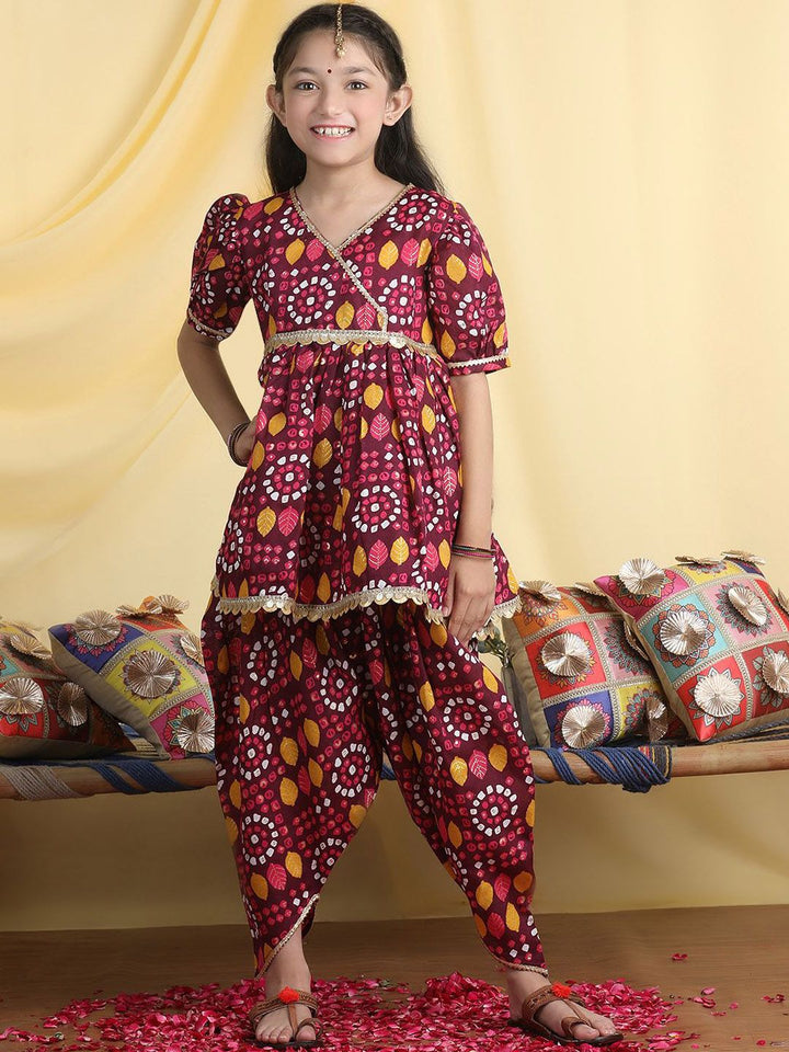 Cutiekins Girls Bandhani Printed Angrakha Gotta Patti Kurta with Dhoti Pants