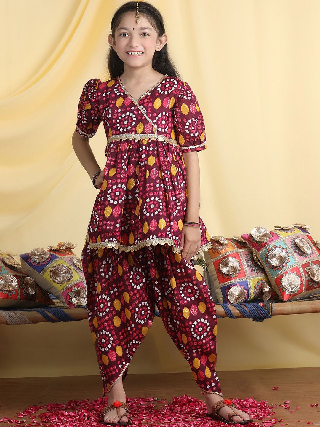 Cutiekins Girls Bandhani Printed Angrakha Gotta Patti Kurta with Dhoti Pants