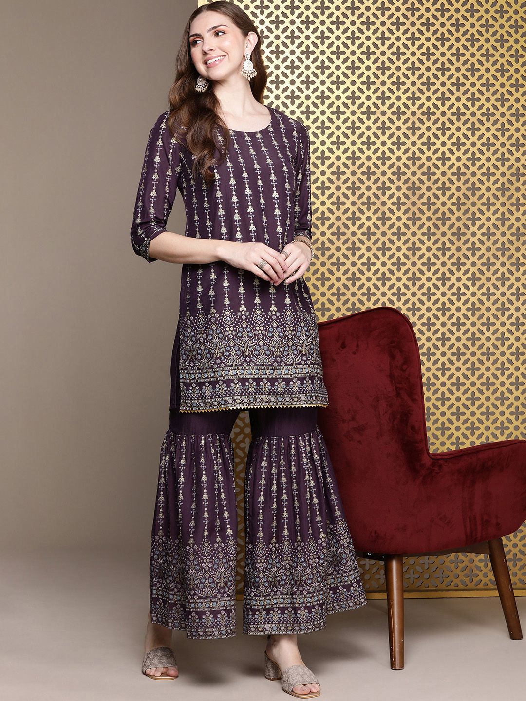 House of Pataudi Women Jashn Ethnic Motifs Printed Regular Kurti With Sharara