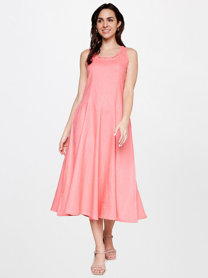 AND Round Neck Tie Up Linen A-Line Midi Dress