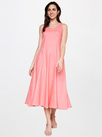 AND Round Neck Tie Up Linen A-Line Midi Dress