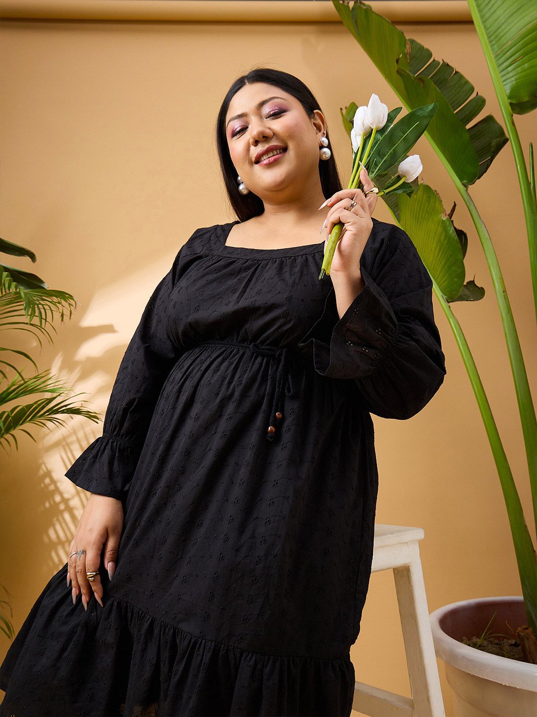 SASSAFRAS Curve Plus Size Self Design Schiffli Pure Cotton Fit and Flare Midi Dress