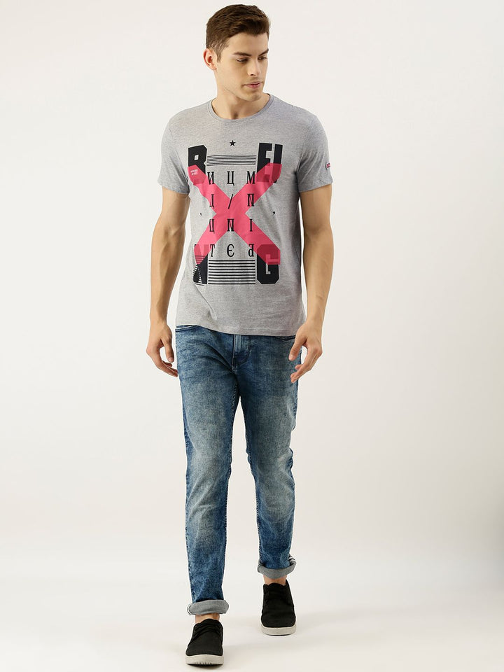 Being Human Men Grey Melange & Black Printed Round Neck T-shirt