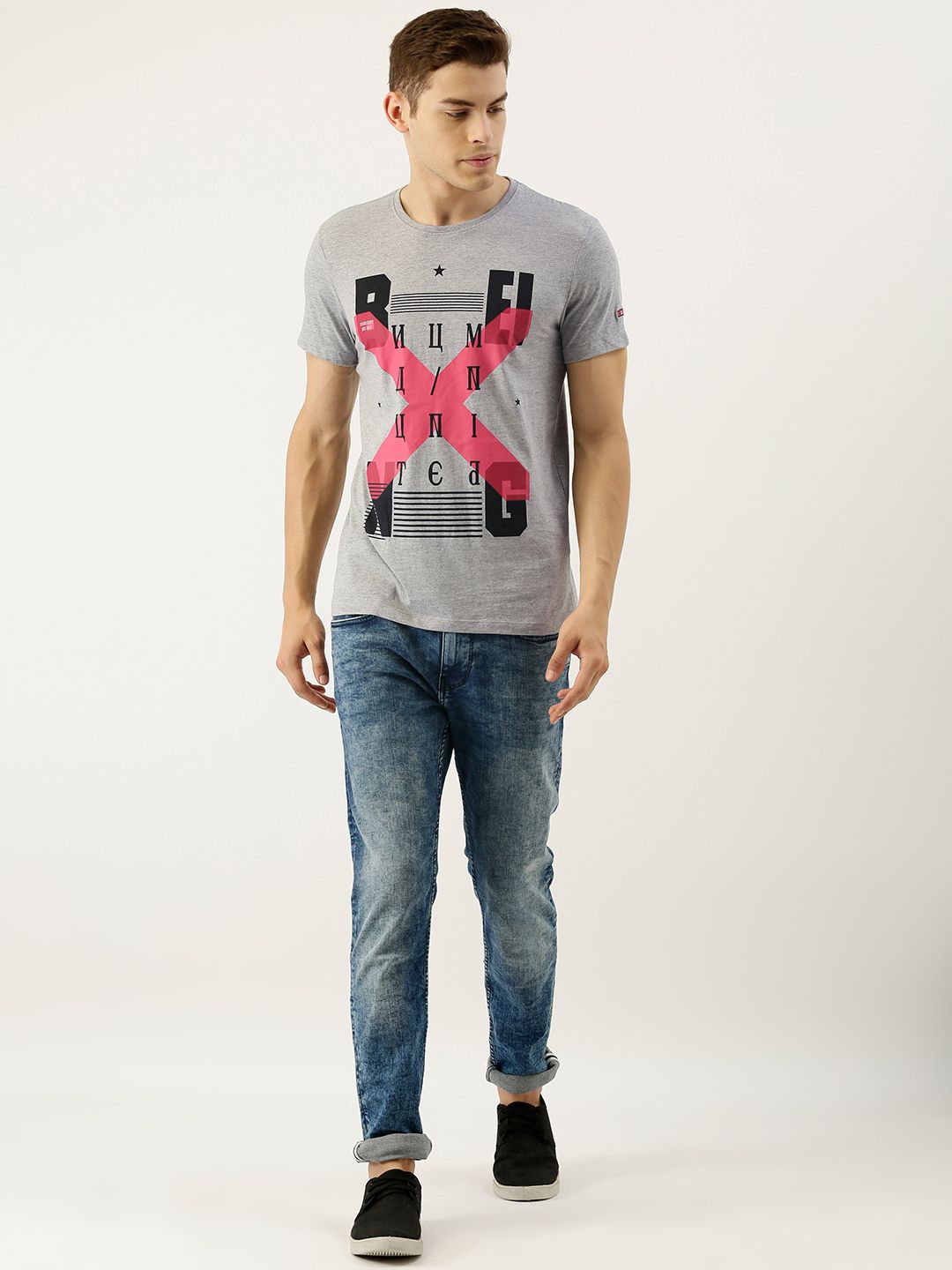 Being Human Men Grey Melange & Black Printed Round Neck T-shirt