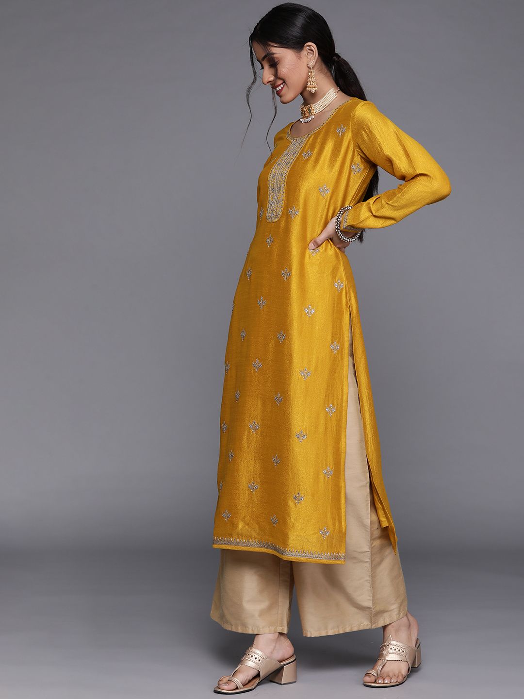 Libas Women Yellow Floral Motifs Sequins Work Kurta