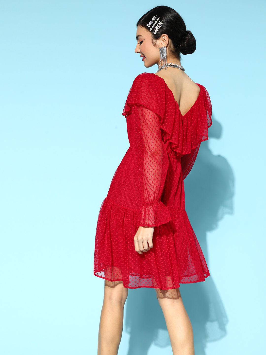 Athena Red Self Design Dobby Net A-Line Dress