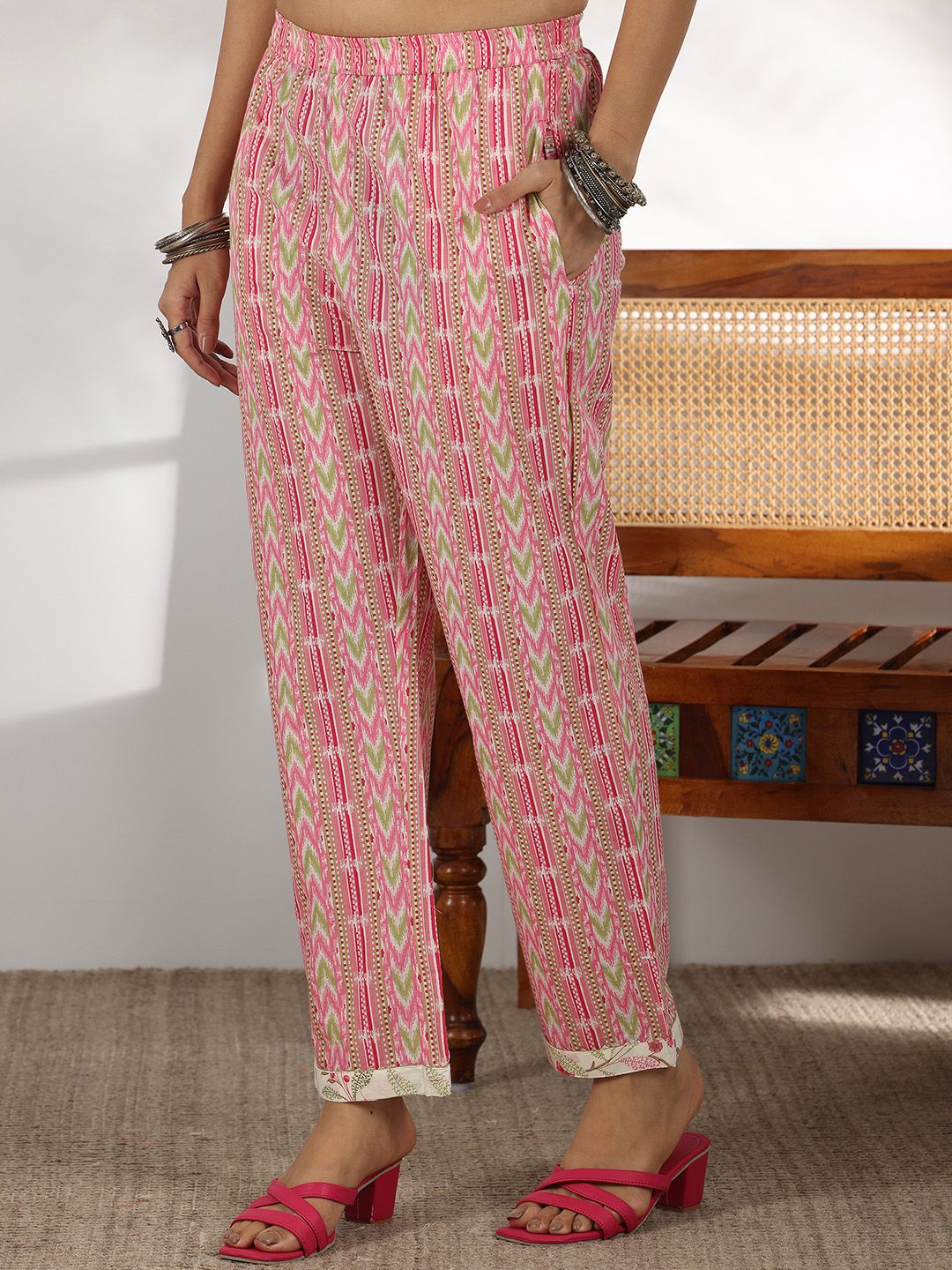 Libas Floral Printed Gotta Patti Pure Cotton Straight Kurta with Trousers & Dupatta