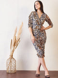 Antheaa Off White Animal Printed Ruched Sheath Dress
