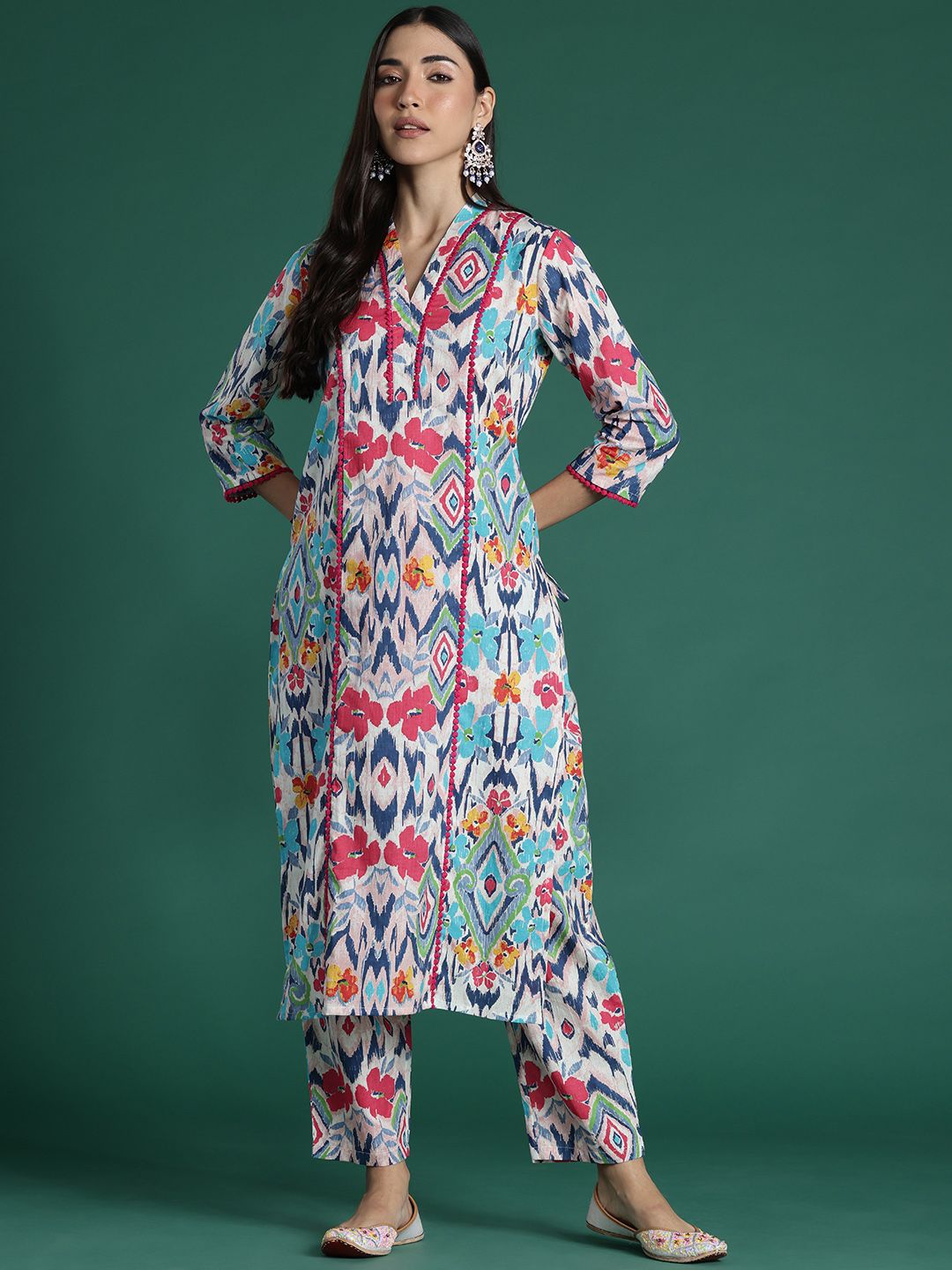 Indo Era Women Printed Panelled Pure Cotton Kurta with Trousers