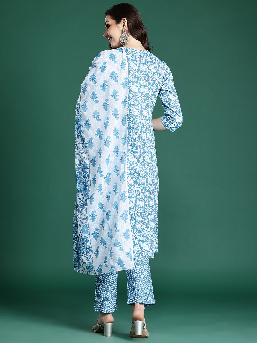 Indo Era Floral Printed Pure Cotton Kurta with Trousers & Dupatta