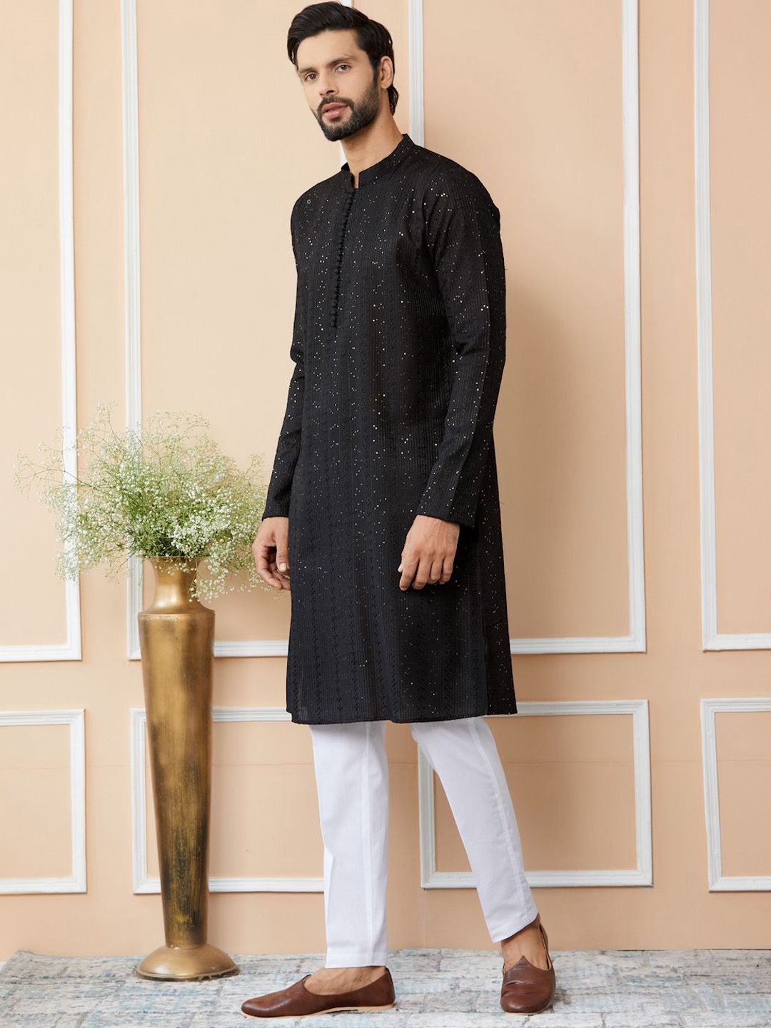 See Designs Embroidered Regular Sequinned Chanderi Silk Kurta with Pyjamas