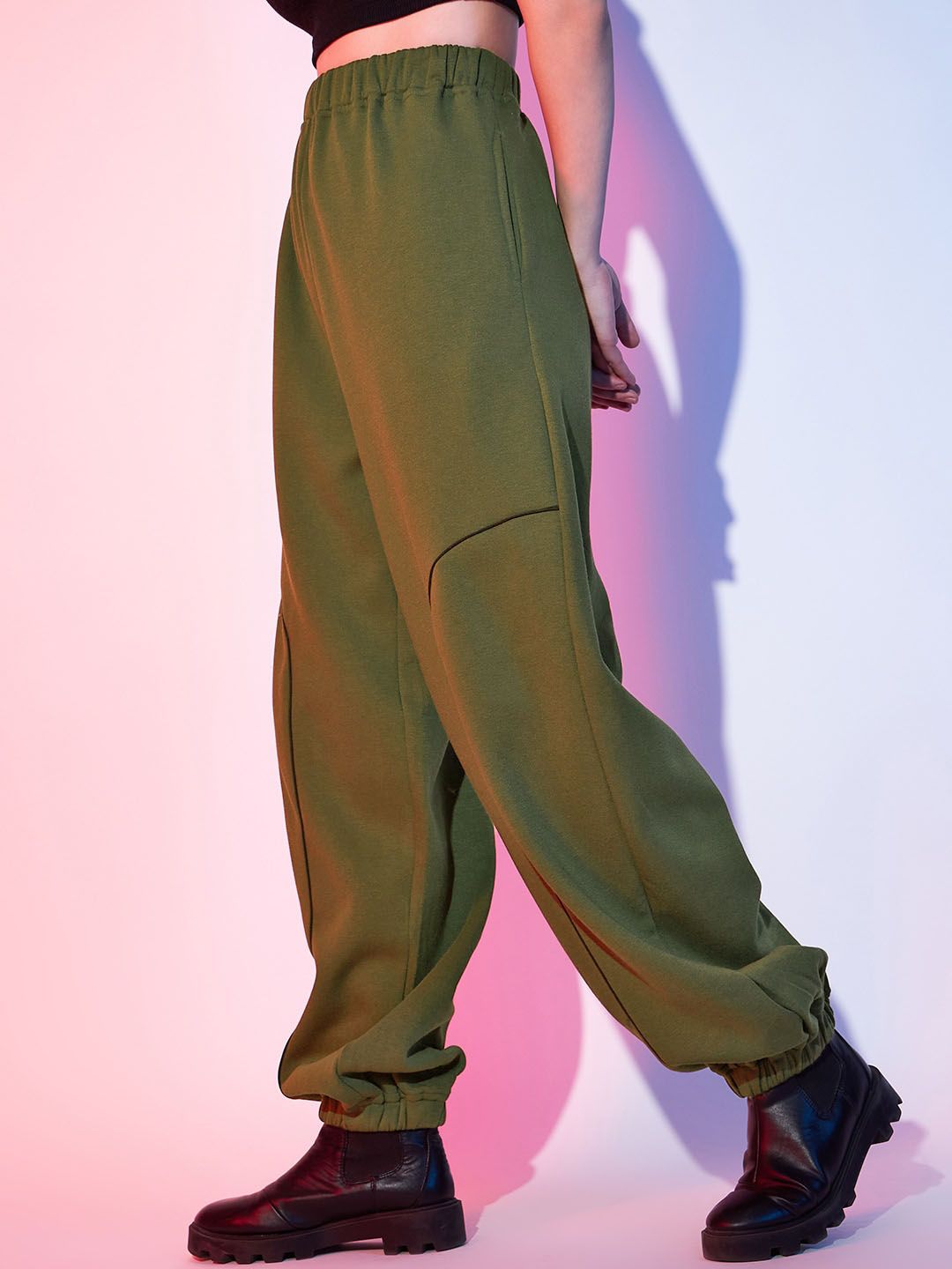 STREET 9 Women Olive Green Piping Loose Fit Joggers