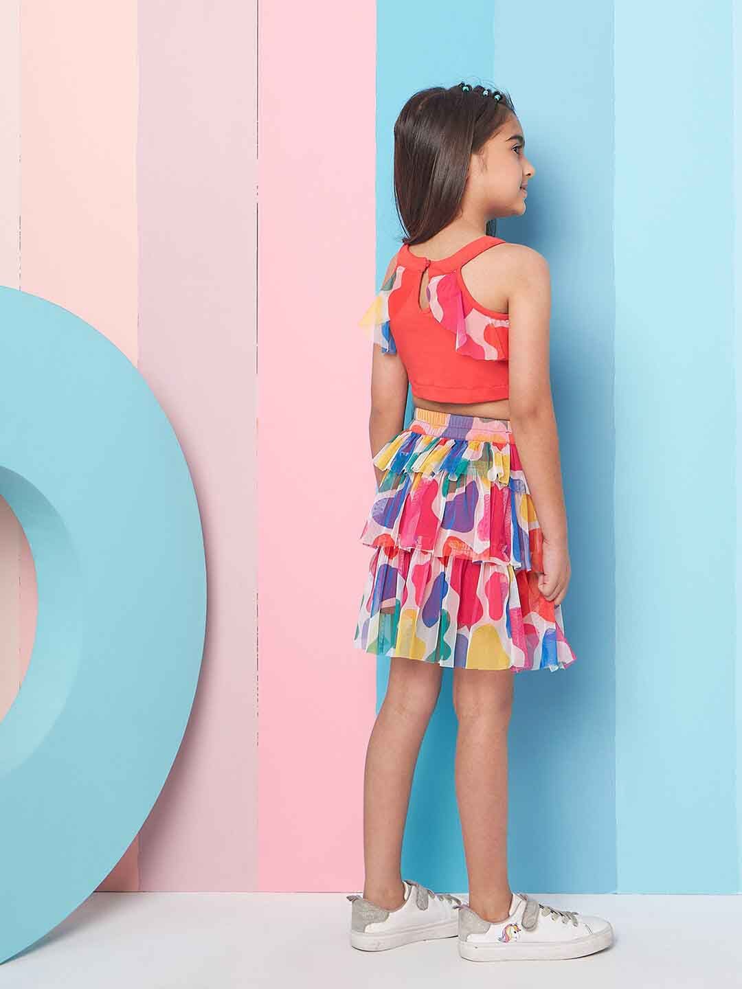 pspeaches Girls Round Neck Ruffled Top with Skirt