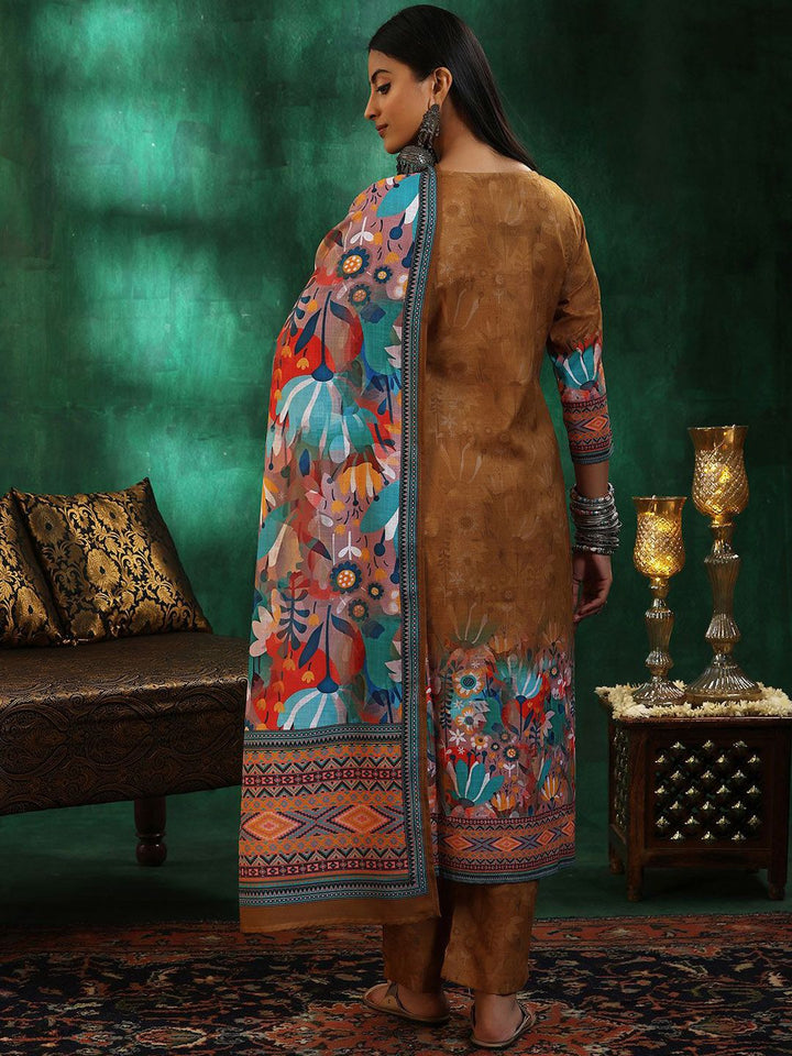 Libas Floral Printed Regular Sequinned Linen Straight Kurta with Trousers & Dupatta
