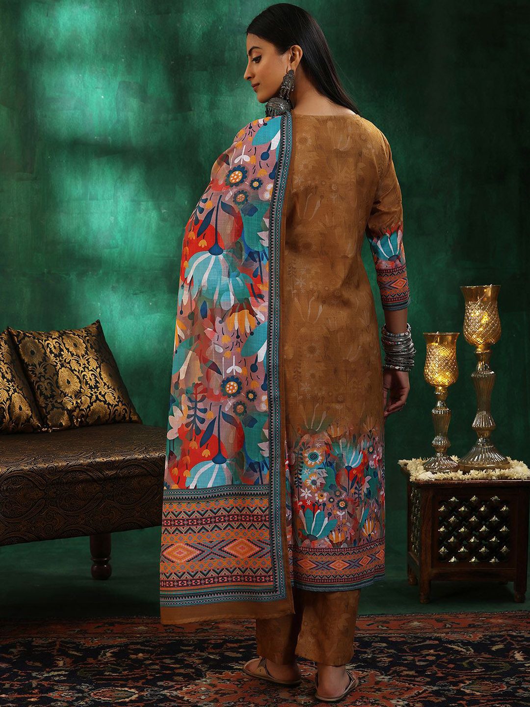 Libas Floral Printed Regular Sequinned Linen Straight Kurta with Trousers & Dupatta