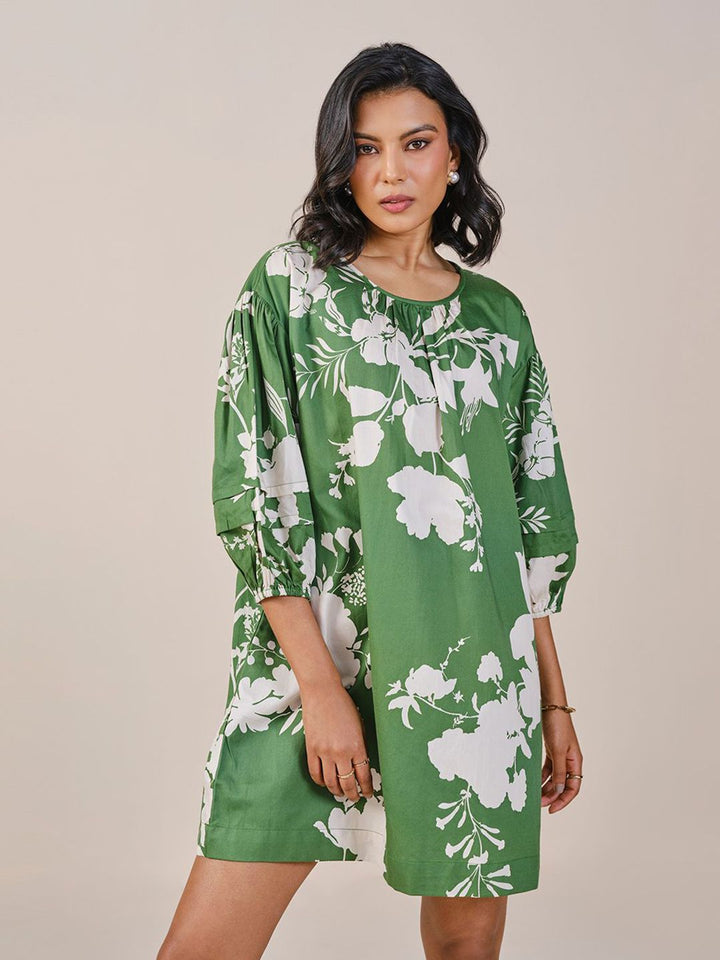 AND Floral Print Puff Sleeve Pure Cotton A-Line Dress