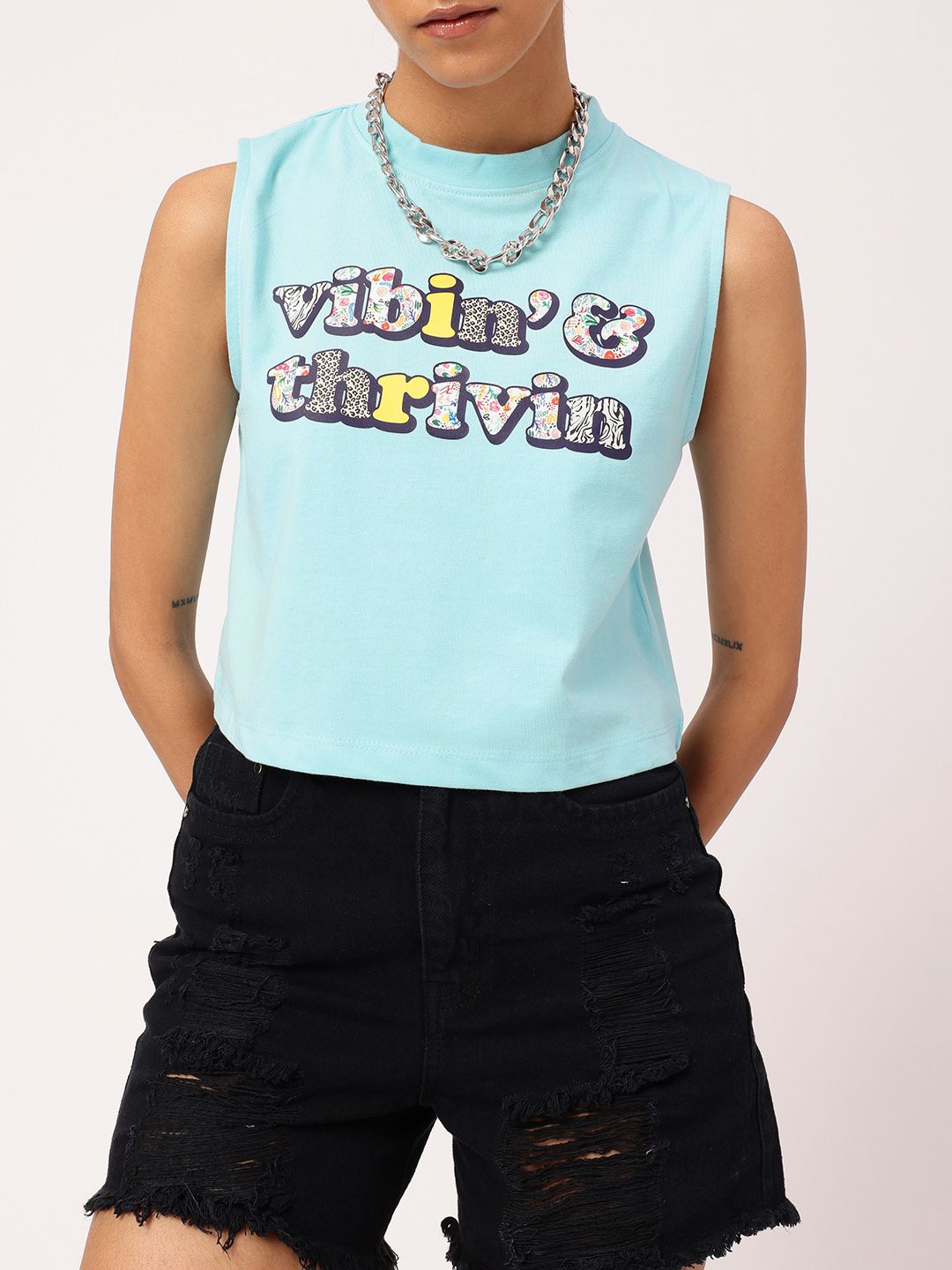 Grunge Keep Vibing Printed Sleeveless Crop T-shirt