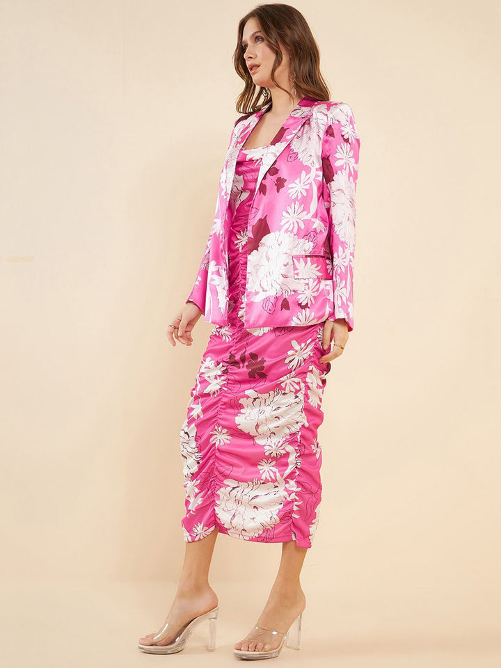 Antheaa Pink Floral Printed Shoulder Straps Gathered Ruched Sheath Midi Dress & Blazer