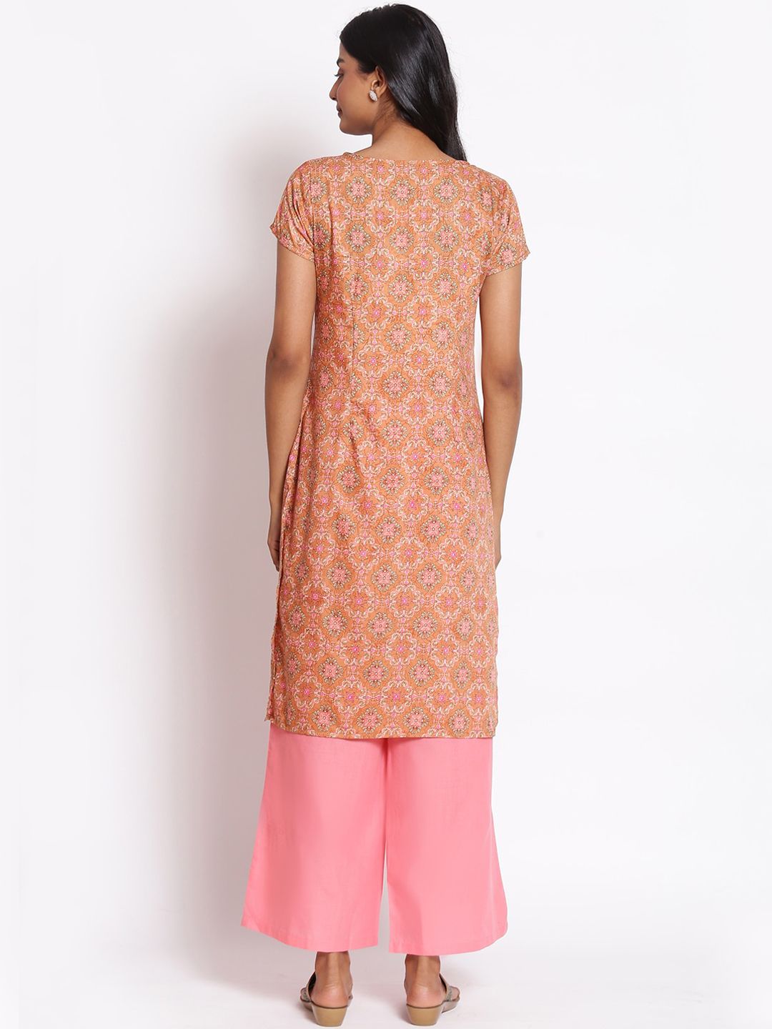 AURELIA Women Brown Floral Printed Thread Work Kurta with Palazzos