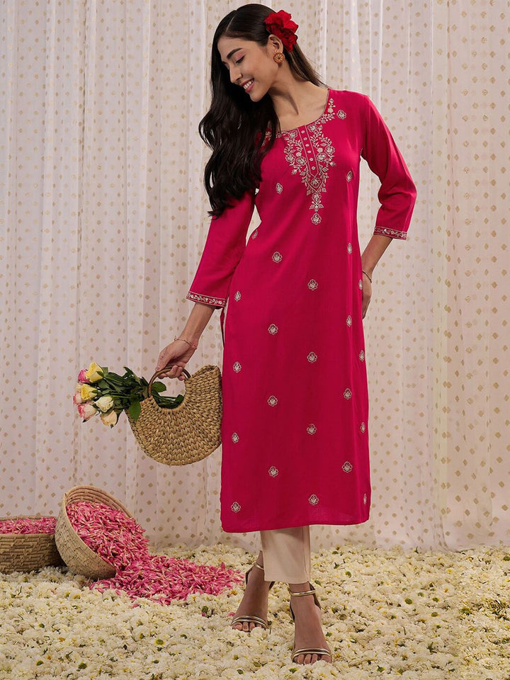 Indo Era Floral Embroidered Round Neck Three-Quarter Sleeves Floral Kurta