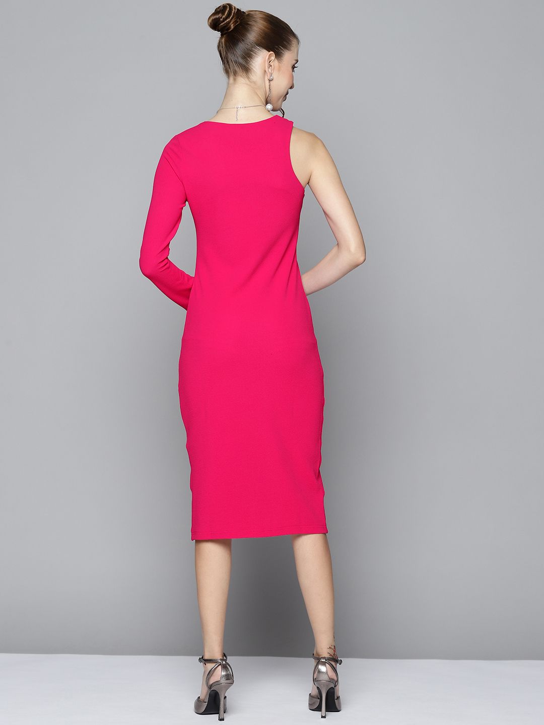 SASSAFRAS Women Fuchsia Textured One Shoulder Sheath Midi Dress