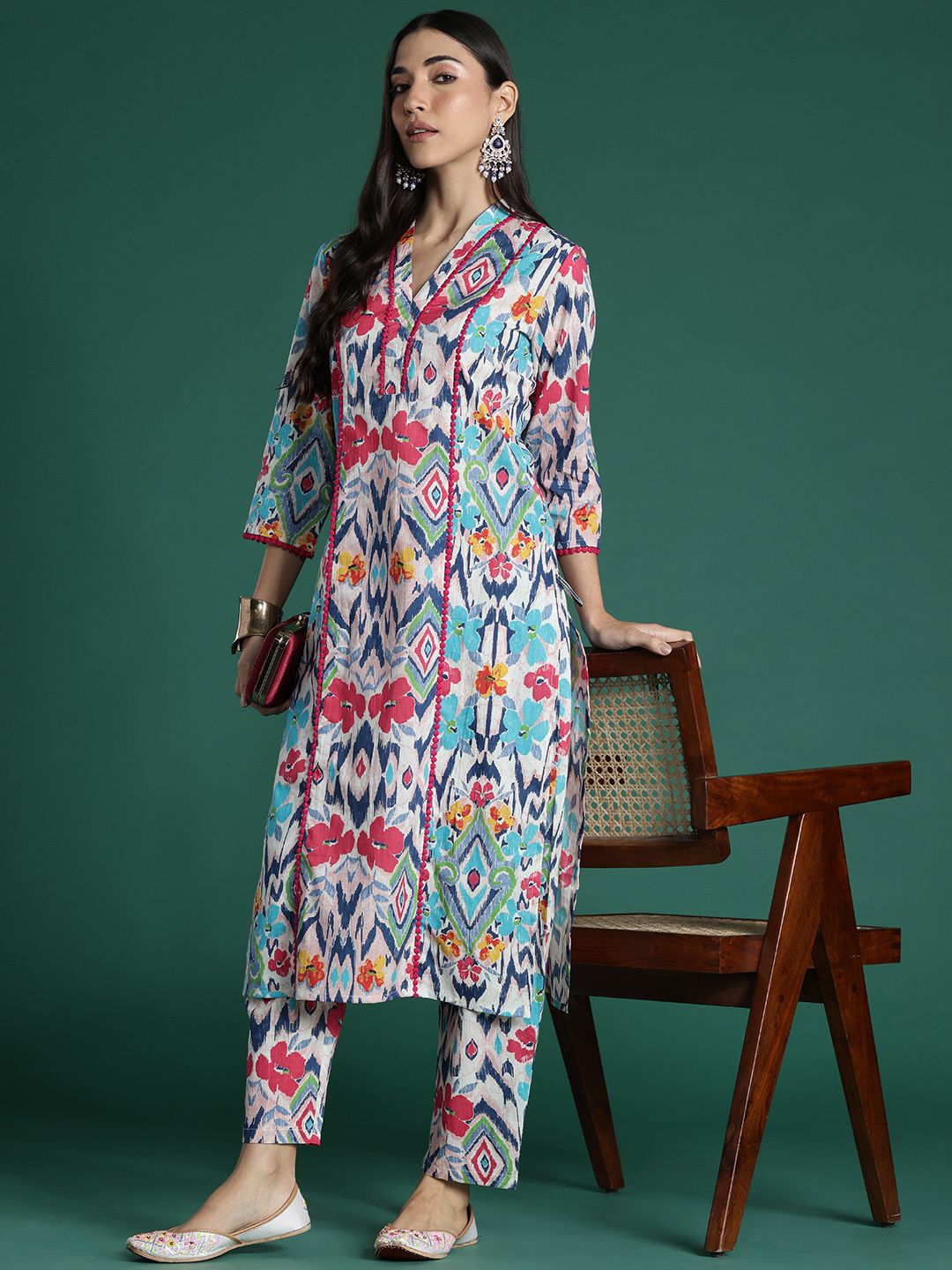 Indo Era Women Printed Panelled Pure Cotton Kurta with Trousers