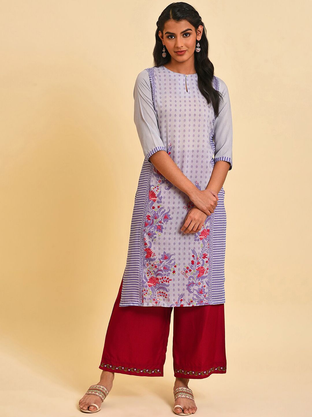 W Women Floral Print Silk Straight Kurta