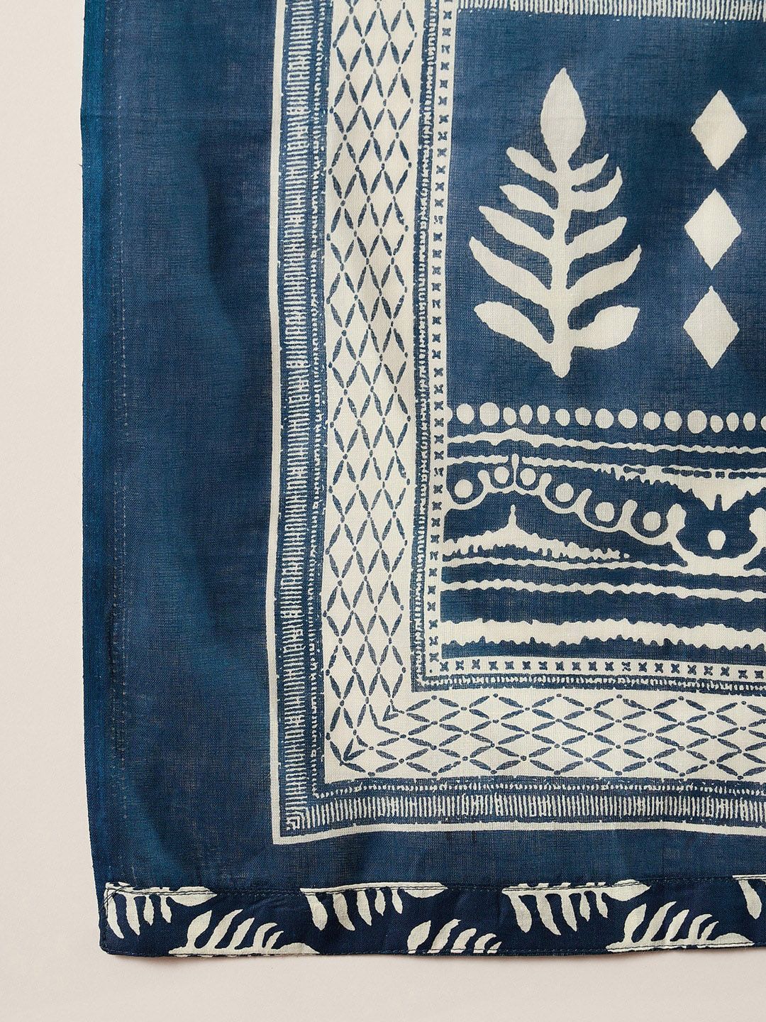 Indo Era Blue Ethnic Motifs Printed Straight Round Neck Thread Work Pure Cotton Kurta Set