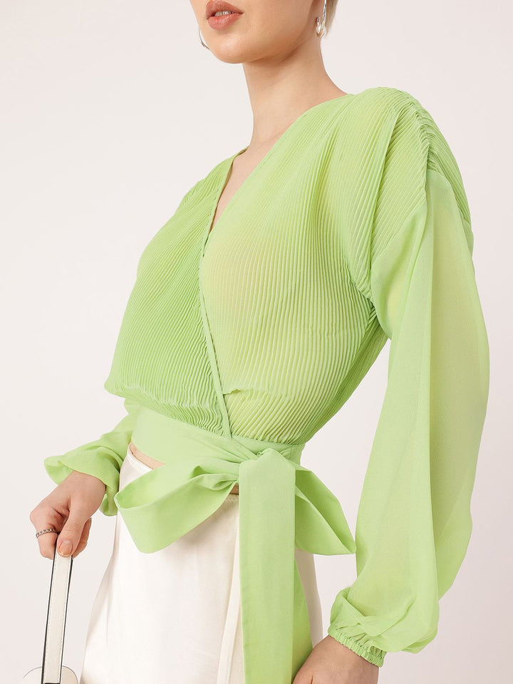 DressBerry Feminine Glam Accordion Pleats Drop Shoulder Wrap Top